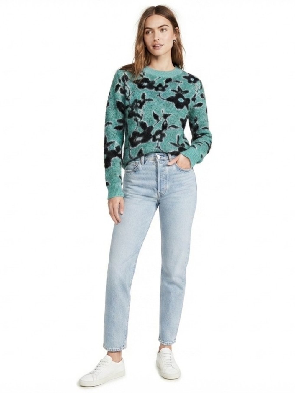 Fluffy Floral Black & Mint Green Knit Crewneck Sweater Cozy Fall Winter